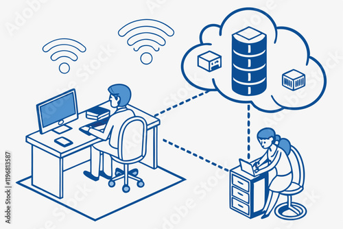 Cloud computing, network diagram, office workers at desks, data server, digital connectivity, information sharing, blue and white color scheme, minimalist illustration, flat design, business technolog