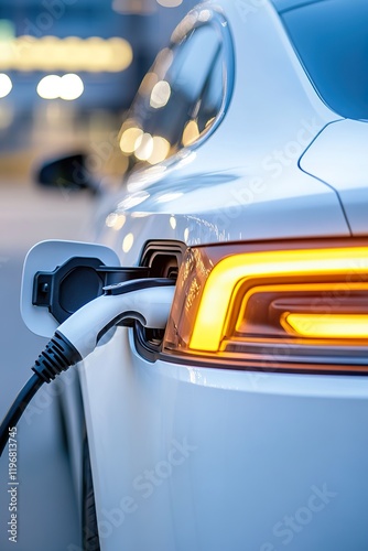 Electric car charging at station with plug in charger in urban setting