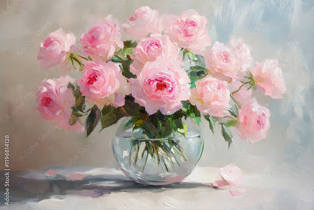 Fototapeta premium Delicate Pink Roses in a Glass Vase, a Peaceful Still Life