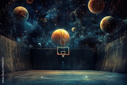 A Cosmic Basketball Court: An Exquisite Blend of Sports and Space with Floating Planets and a Hoop under a Starry Night Sky in a Surreal Setting