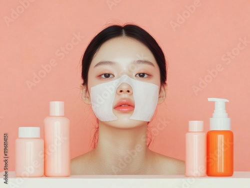 Soft Pastel K-Beauty Display Minimalistic Hydrating Sheet Mask and Skincare Bottles for Modern Self-Care Routines - Asian Skincare Trends and Commercial Branding photo