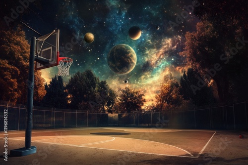 Surreal Basketball Court Under Cosmic Sky with Planets and Galaxy Background, Captivating Scene of Nature and Sports in a Dreamlike Universe