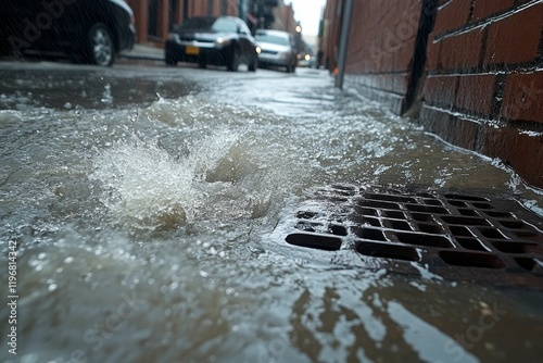 Rainwater overflows street drain, splashing. photo