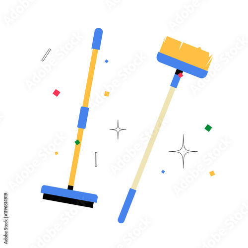 Broom And Mop Set In Flat Vector Illustration Symbolizing Cleaning Tools, Hygiene, And Home Maintenance, Isolated On White Background