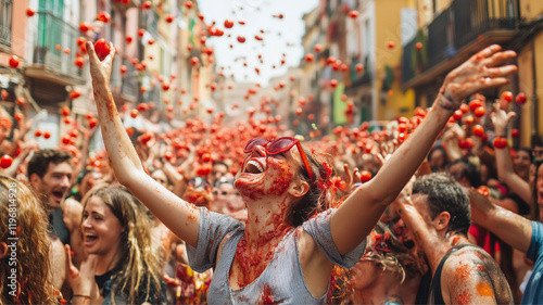 People throw tomatoes enthusiastically at the La Tomatina Festival, the background of city streets filled with red tomatoes and people cheering. photo