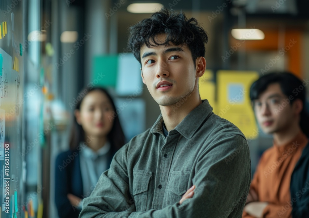 Modern Collaborative Workspace Dynamics Young Asian Male Leading Team Idea Exchange on Glass Board - Enhancing Creative Leadership and Productivity in Professional Office Settings