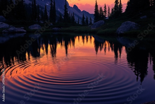 Tranquil Sunset Reflection Over Still Waters in a Serene Mountain Landscape Surrounded by Lush Pine Trees and Majestic Rocky Peaks Under Vibrant Sky