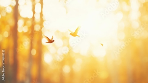 Whimsical birds soaring in a sunlit forest with enchanting background