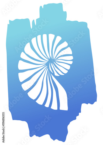 Ilustración de vida marina. Silueta de concha de nautilo en trazo de pincel de pintura azul