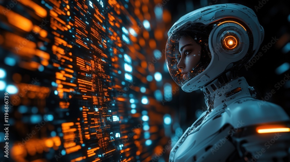 Futuristic astronaut observing data network flow Futuristic astronaut observing data network flow
