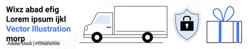 Delivery truck next to a security shield with a lock and a gift box. Ideal for ecommerce, secure delivery, logistics, protection, shipping services, online shopping, and gift delivery. Landing page
