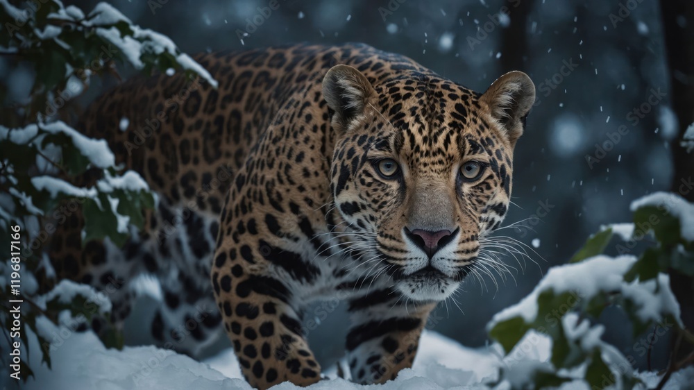 Naklejka premium A jaguar prowling through a snowy landscape, showcasing its striking coat and fierce gaze.