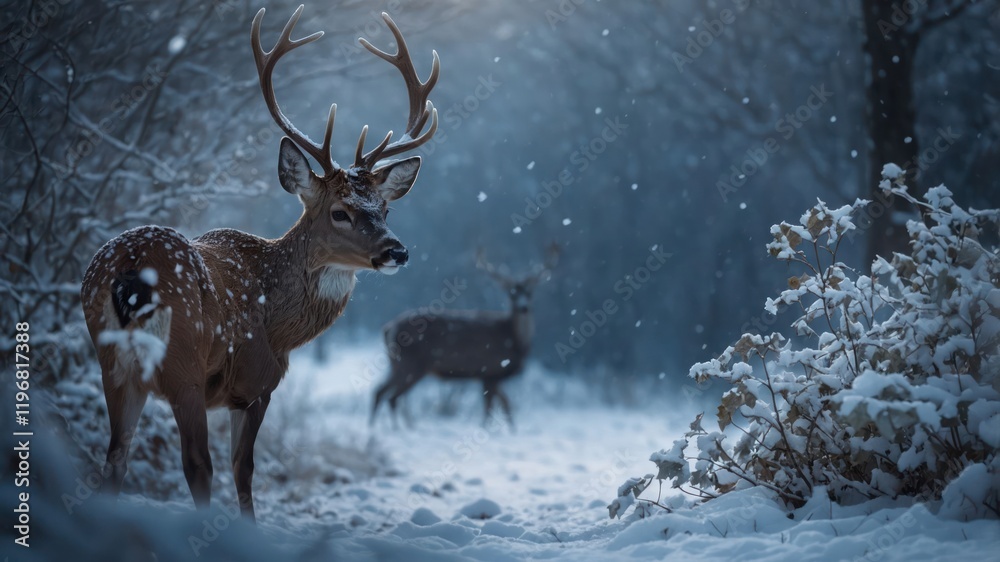 A serene winter scene featuring deer in a snowy forest.