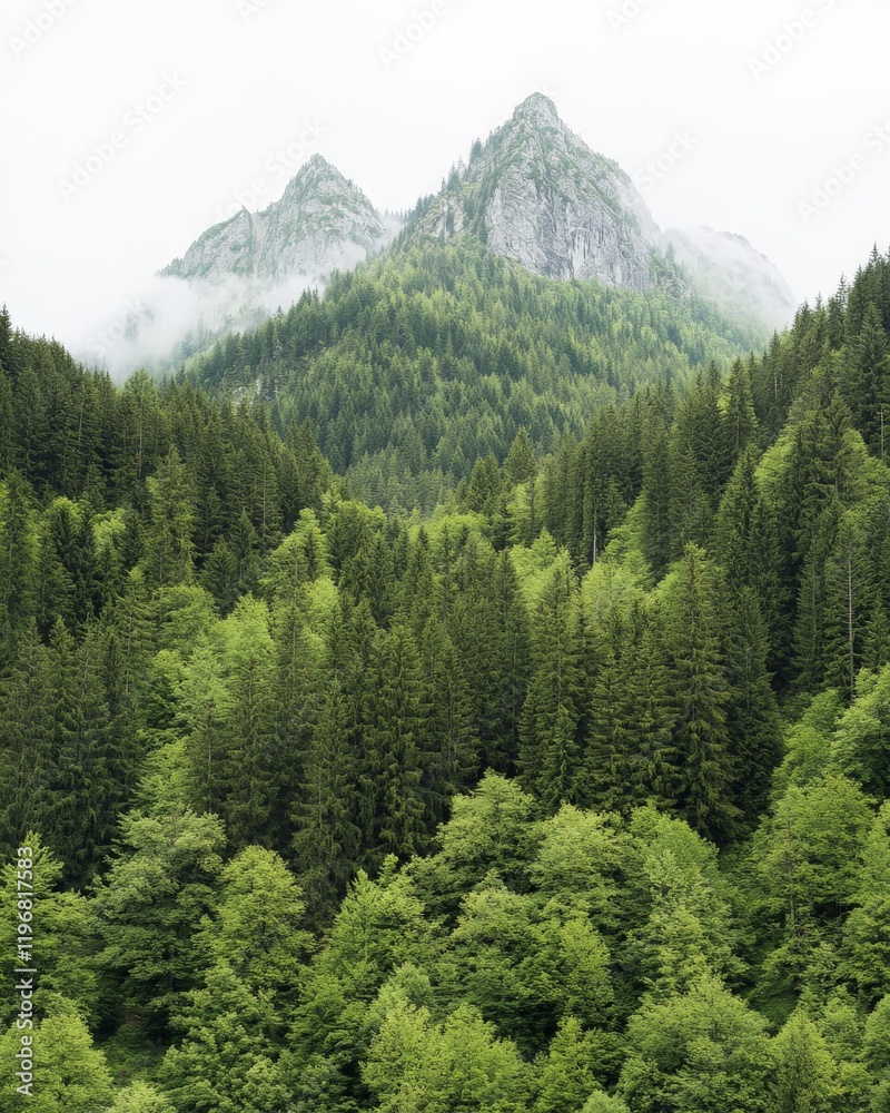 Obraz premium Majestic mountain peaks surrounded by dense green forests under soft light highlighting pristine natural beauty outdoor serenity and adventure filled landscapes