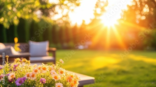 Romantic garden with crazy sock and blurred sunset for creative design