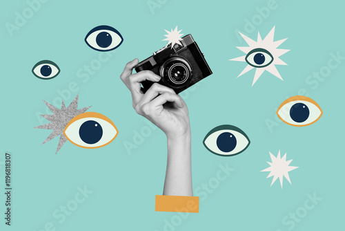 Quadro su tela Creative photo poster trend art collage image of hand hold retro camera flash sh