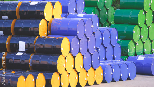 Canvastavla Oil fuel drum background, Many various colorful chemical barrel stacked on indus