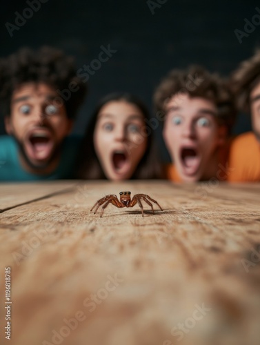 Friends Overreact to Tiny Spider Playful Friends Share a Playful Moment of Fear and Surprise photo