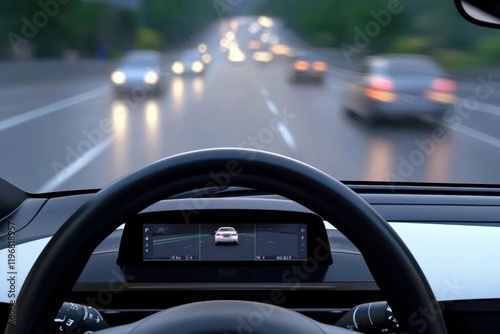 A driver's view of a road with blurred headlights and a digital display, suggesting a modern, technologically advanced vehicle. photo