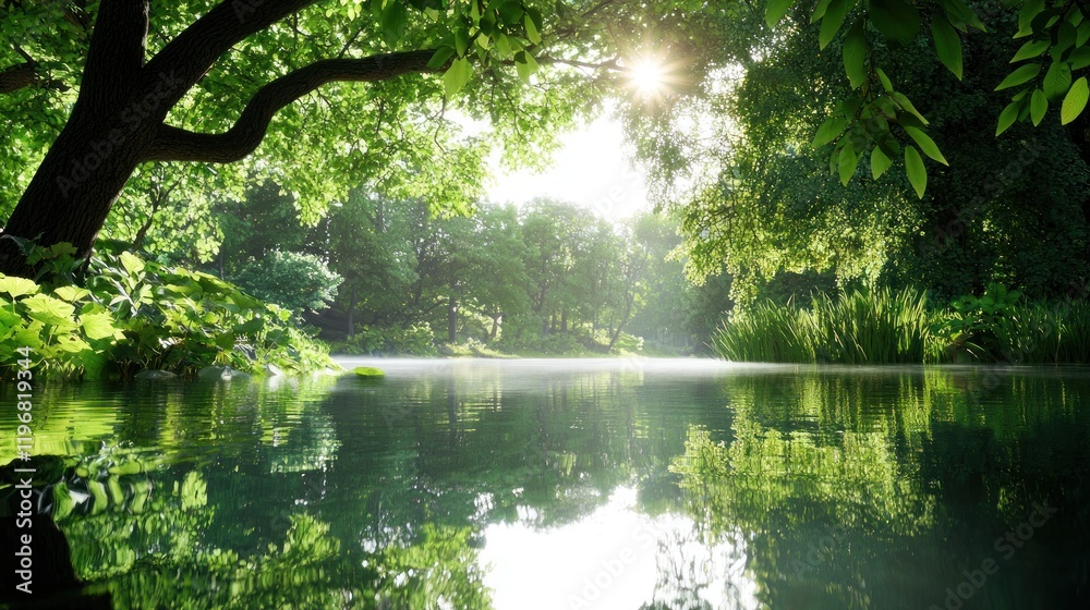 Serene forest scene reflecting sunlight on a calm water surface. Serene forest scene reflecting sunlight on a calm water surface.
