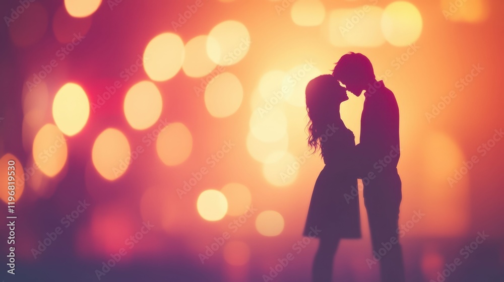 Romantic silhouette of a couple under warm blurred lighting Romantic silhouette of a couple under warm blurred lighting