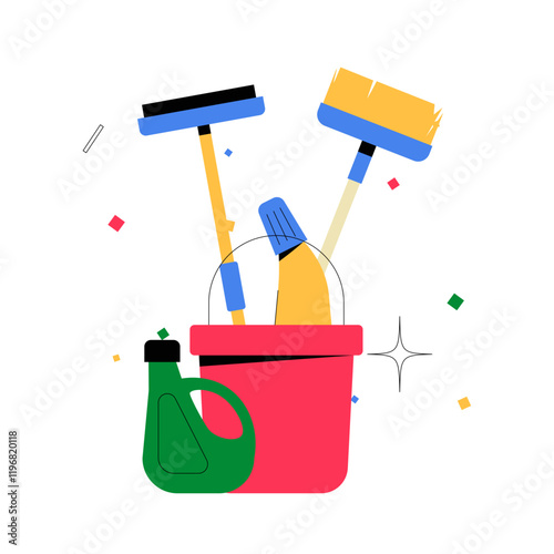 Cleaning Supplies In Bucket With Mop And Detergent In Flat Vector Illustration Symbolizing Home Cleaning, Hygiene, And Maintenance, Isolated On White Background