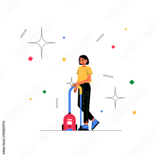 Female Cleaner Using Vacuum In Flat Vector Illustration Symbolizing Professional Cleaning, Hygiene, And Maintenance, Isolated On White Background.