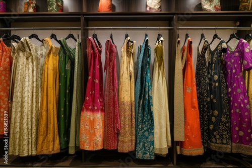 Vibrant Display of Traditional Ethnic Wear in a Boutique Setting Featuring Rich Colors, Exquisite Fabrics, and Intricate Designs Showcasing Cultural Heritage and Style
