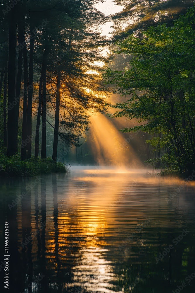 As the morning light breaks, it casts a gentle glow over a serene forest lake at dawn, painting the tranquil waters in golden hues and enveloped by lush, vibrant trees As the morning light breaks, it casts a gentle glow over a serene forest lake at dawn, painting the tranquil waters in golden hues and enveloped by lush, vibrant trees