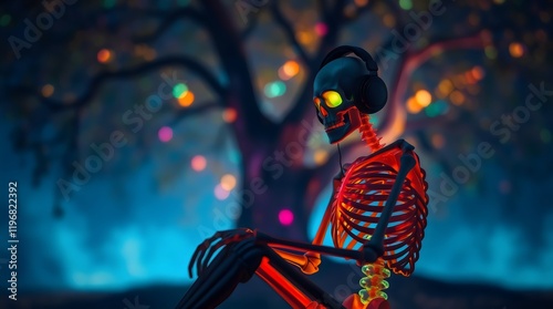 Skeleton with Headphones: A Surreal Motion Blur Scene photo