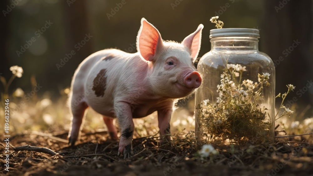 A piglet curiously approaches a jar of flowers in a sunlit, natural setting. A piglet curiously approaches a jar of flowers in a sunlit, natural setting.