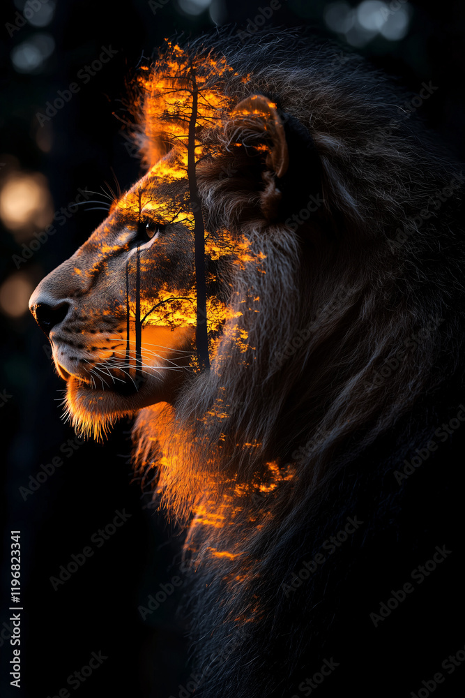 Naklejka premium Lion's Fiery Gaze: A majestic lion's profile is overlaid with a vibrant sunset, creating a captivating double exposure that evokes power and resilience.