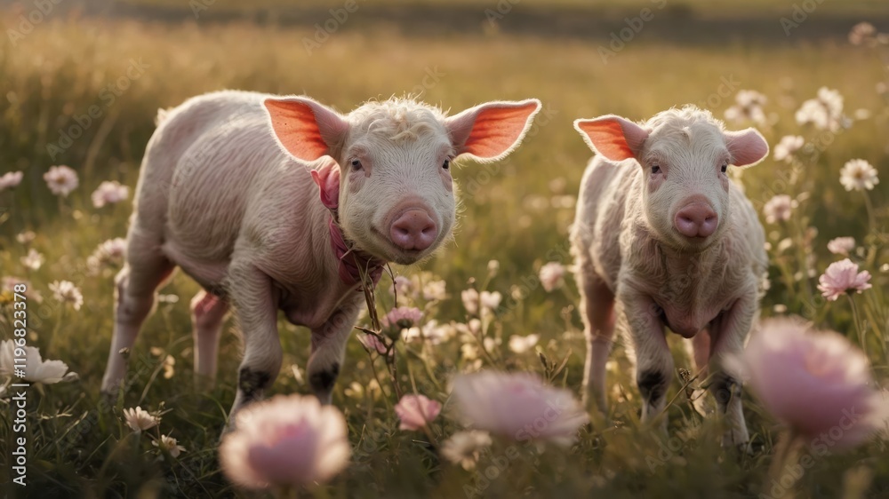 Two playful piglets stand in a blooming field, surrounded by colorful flowers. Two playful piglets stand in a blooming field, surrounded by colorful flowers.