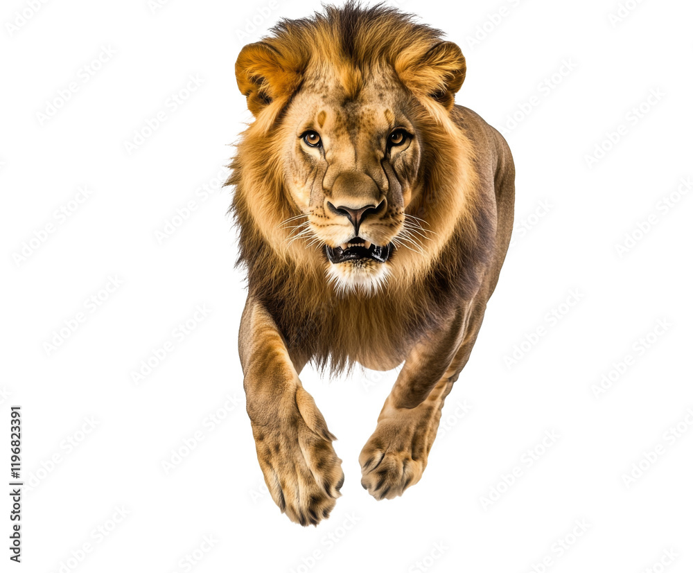 Majestic Lion in a Powerful Leap - A Symbol of Untamed Nature , isolated on white background PNG Majestic Lion in a Powerful Leap - A Symbol of Untamed Nature , isolated on white background PNG