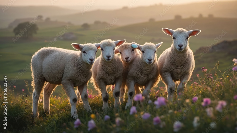 Obraz premium A group of four playful lambs in a sunlit meadow filled with wildflowers.