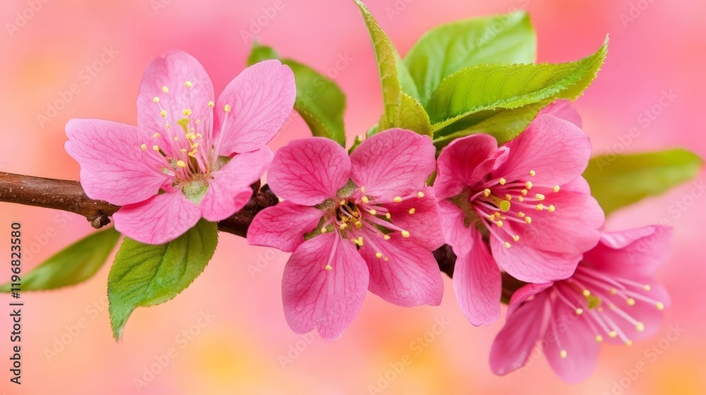 Obraz premium Vibrant pink cherry blossoms on delicate branches with fresh green leaves against a soft blurred background embodying the essence of spring renewal and nature’s fleeting beauty