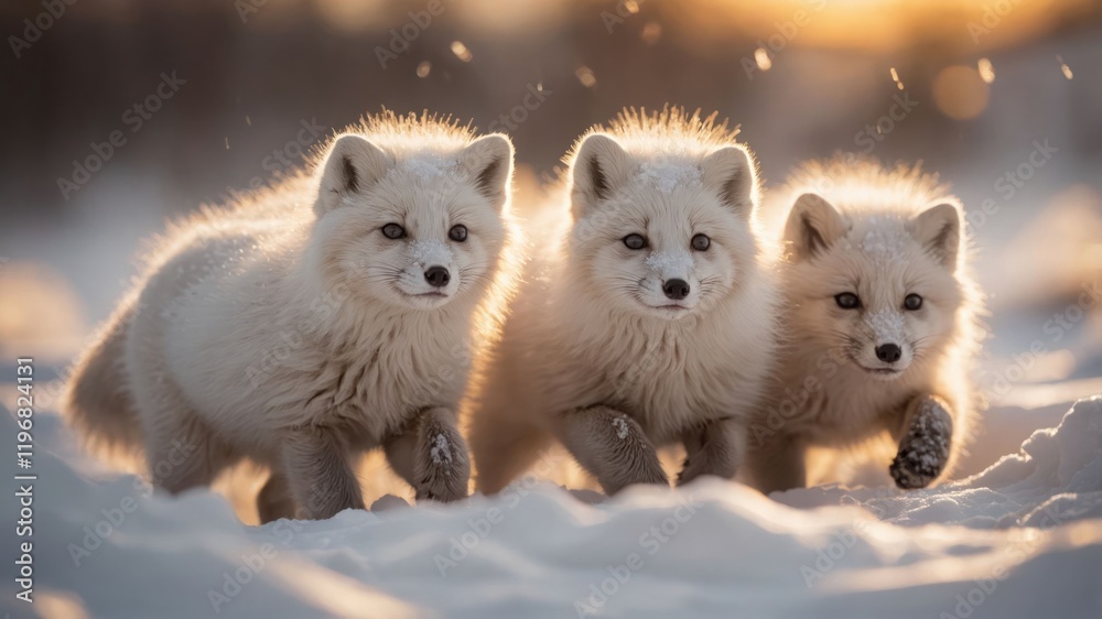 Three Arctic foxes playfully running through the snow at sunset. Three Arctic foxes playfully running through the snow at sunset.