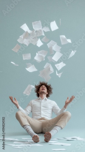Playful Chaos with Paperwork Man Enjoys Playful Paperwork Moments in a Humorous and Defiant Display of Joyful Chaos