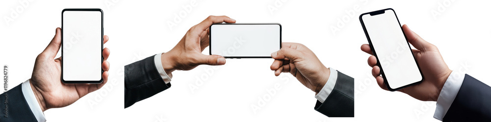 Hand holding smartphone png cut out element set, transparent background Hand holding smartphone png cut out element set, transparent background