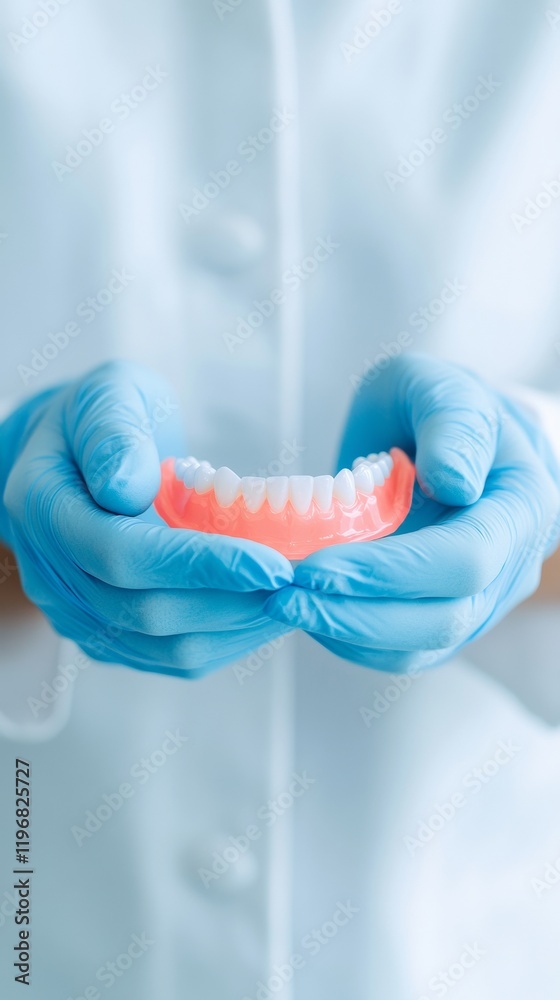 Dental Professionals Hands Holding Dentures Focus on Dental Health, Dental Care Scene