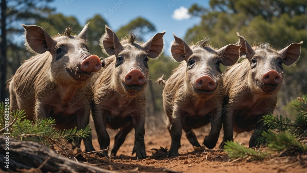 Four pigs standing together in a natural setting, showcasing their playful demeanor. Four pigs standing together in a natural setting, showcasing their playful demeanor.