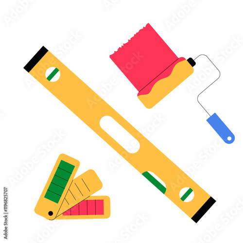 Construction Tools Including Paint Roller And Color Palette In Flat Vector Illustration Symbolizing Renovation And DIY, Isolated On White Background