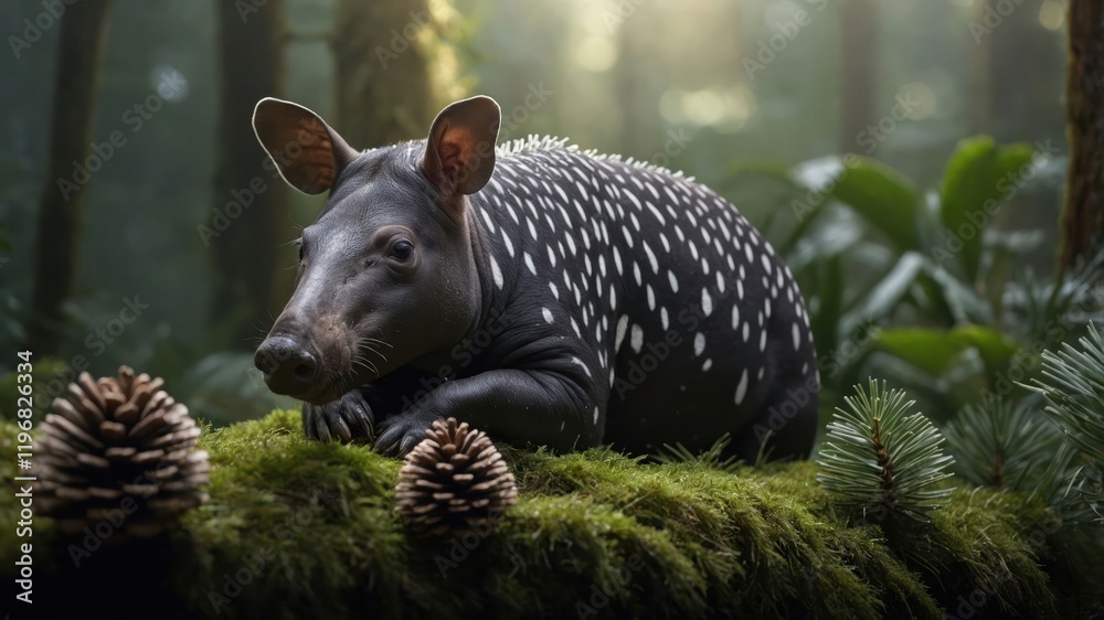 A spotted tapir resting on moss in a lush forest, surrounded by pinecones. A spotted tapir resting on moss in a lush forest, surrounded by pinecones.