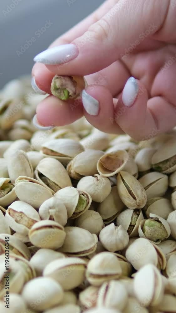 female hands with white manicure opening fresh salted pistachios on black plate on windowsill