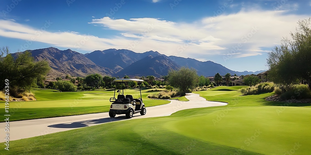 A Golf cart A day at a resort golf course, nice weather, beautiful course layout. Golf cart in front in empty space A Golf cart A day at a resort golf course, nice weather, beautiful course layout. Golf cart in front in empty space