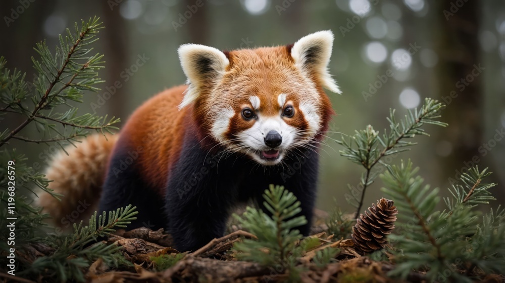 Fototapeta premium A red panda in a forest setting, surrounded by pine branches and a natural environment.