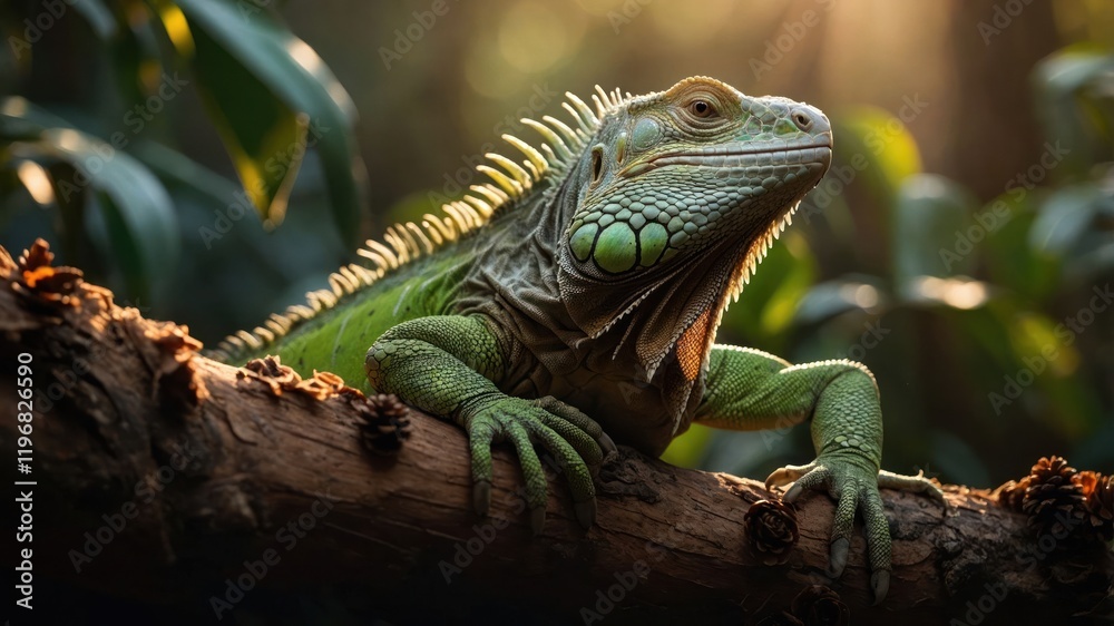 A close-up of a green iguana resting on a branch in a lush, sunlit environment. A close-up of a green iguana resting on a branch in a lush, sunlit environment.