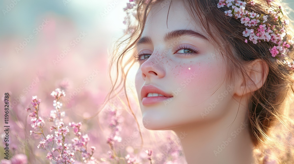 A graceful woman embodies the spirit of spring as she stands amidst a vibrant field filled with blooming pink flowers, radiating joy and natural beauty in the warm embrace of soft sunlight A graceful woman embodies the spirit of spring as she stands amidst a vibrant field filled with blooming pink flowers, radiating joy and natural beauty in the warm embrace of soft sunlight