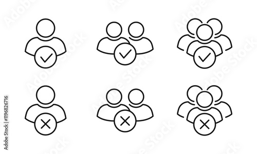 People icon set line style with checkmark and x mark. Perfect for group, team, organization, community, population, audience, member. Editable stroke, png transparent