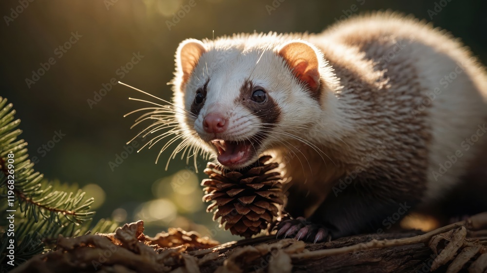 A ferret holding a pine cone in a natural setting, illuminated by soft sunlight. A ferret holding a pine cone in a natural setting, illuminated by soft sunlight.